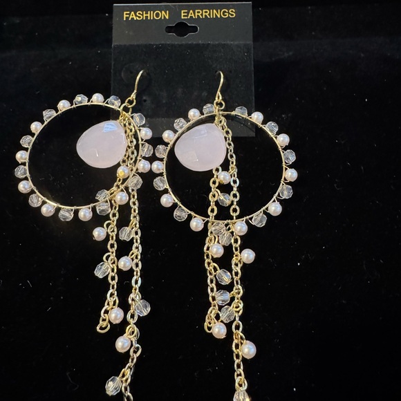 Jewelry - Dreamcatcher NEW Pink and Gold Wire Wrapped Gemstone Chain Beaded Hoop Earrings